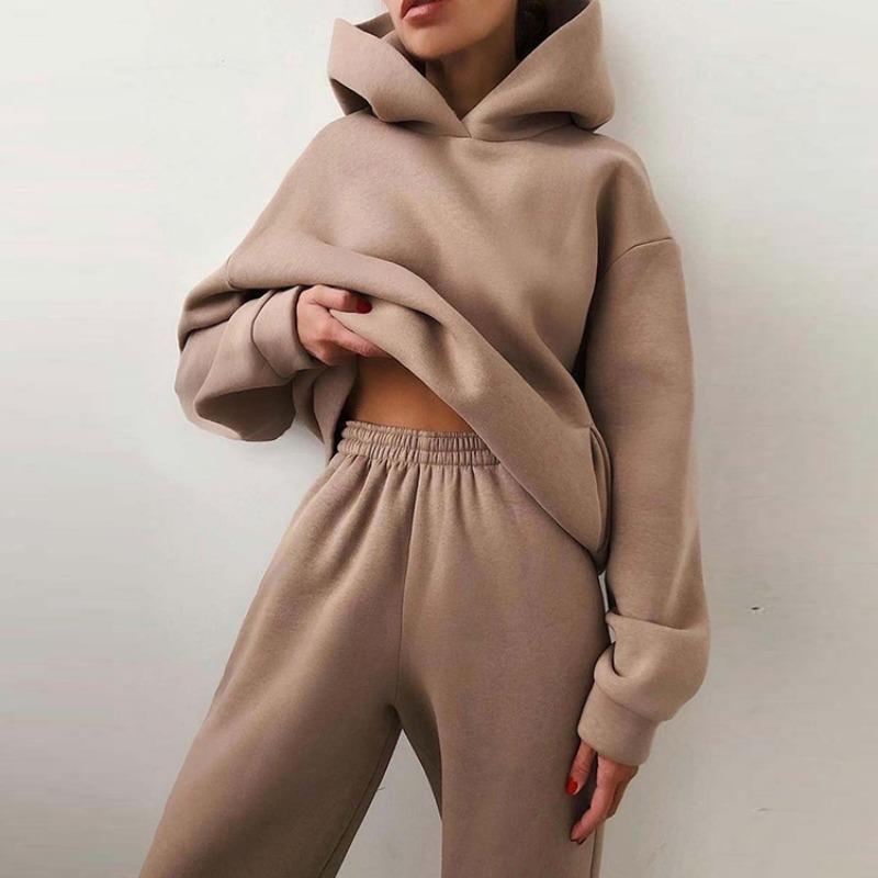 European and American Style Autumn and Winter Casual Thick Long Sleeved Sweatshirt Long Pants Two-piece Set for Women