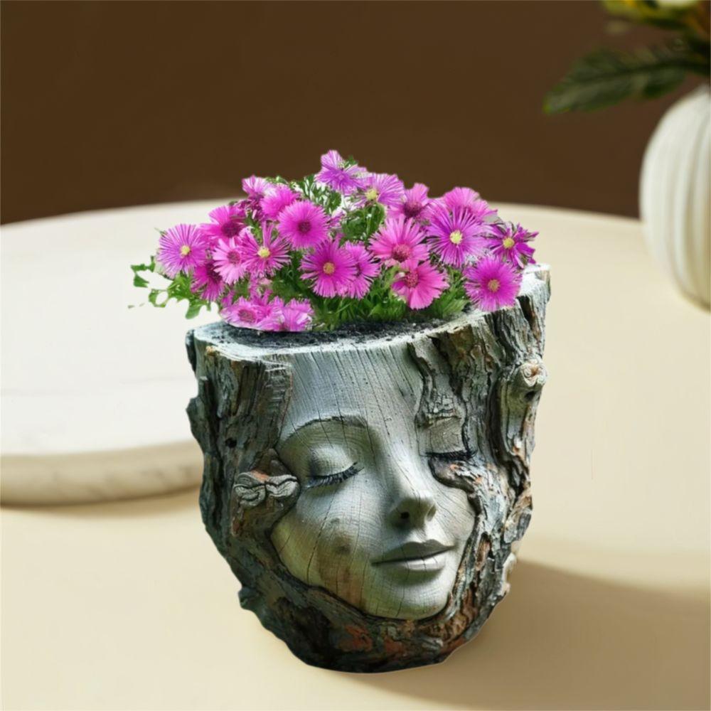 Resin Crafts Girl Face Flowerpot Funny Figure Planter Tree Stump Girl Pot Living Room Decoration