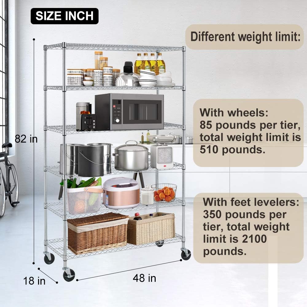 Metal Shelves 6 Layer Wire Shelving On Wheels Heavy Duty Metal Storage Rack Utility Shelves 48" NSF Steel Racks 2100 LBS Capacity Adjustable Standing