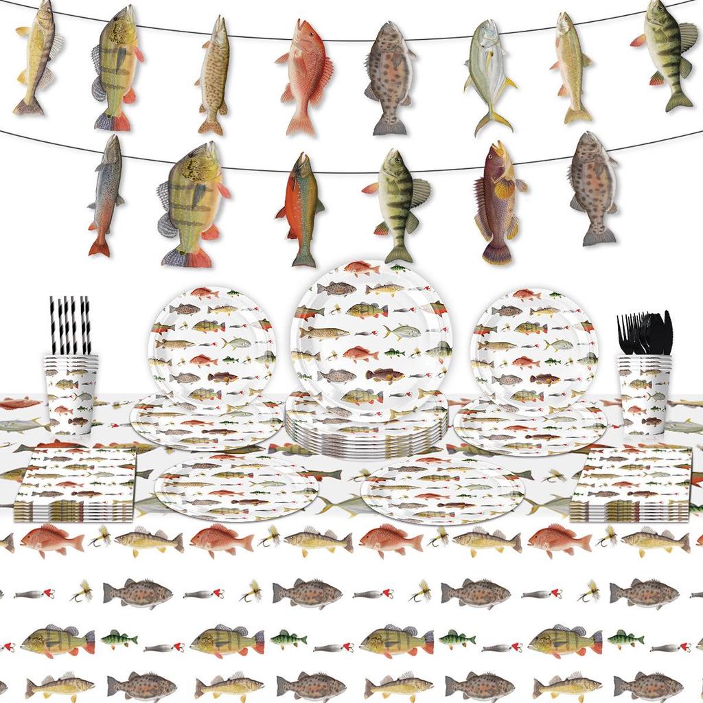Cross-border Fishing Theme Party Supplies: Paper Plates, Flags, Napkins, and Creative Decorations Set