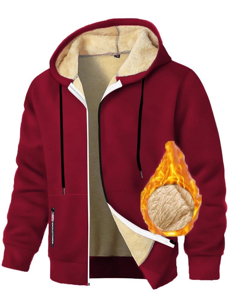 Autumn New Men's Casual Fleece Lined Hooded Zipper Sweatshirt Jacket Solid Color Warm Sportswear Male Fashion Outerwear