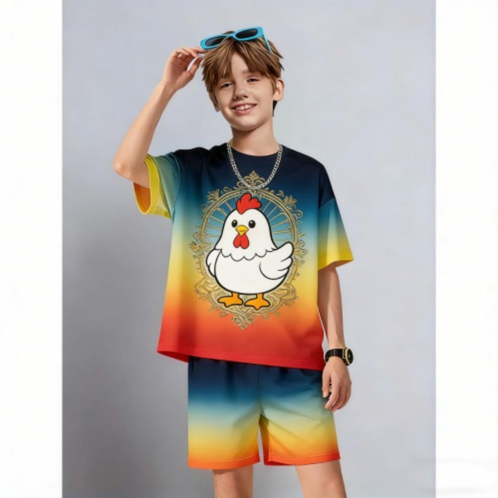 Fashion Men s Set Fashion Cartoon Chicken Printed Men s T-shirt and Shorts 2 Piece Set Summer Casual Outdoor Men s and Women s Outfit XXS