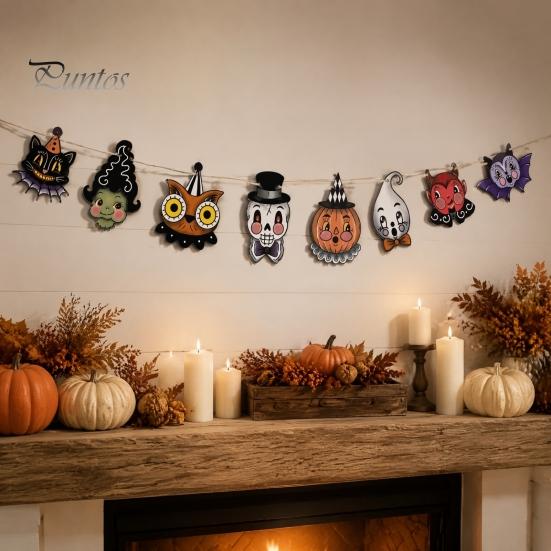 Halloween Party Decorations 8Pcs Bunting Banner, Pumpkin Ghost Bat Witch Cartoon Hanging Garland, Indoor Holiday Wall Banners Retro Wooden Flag