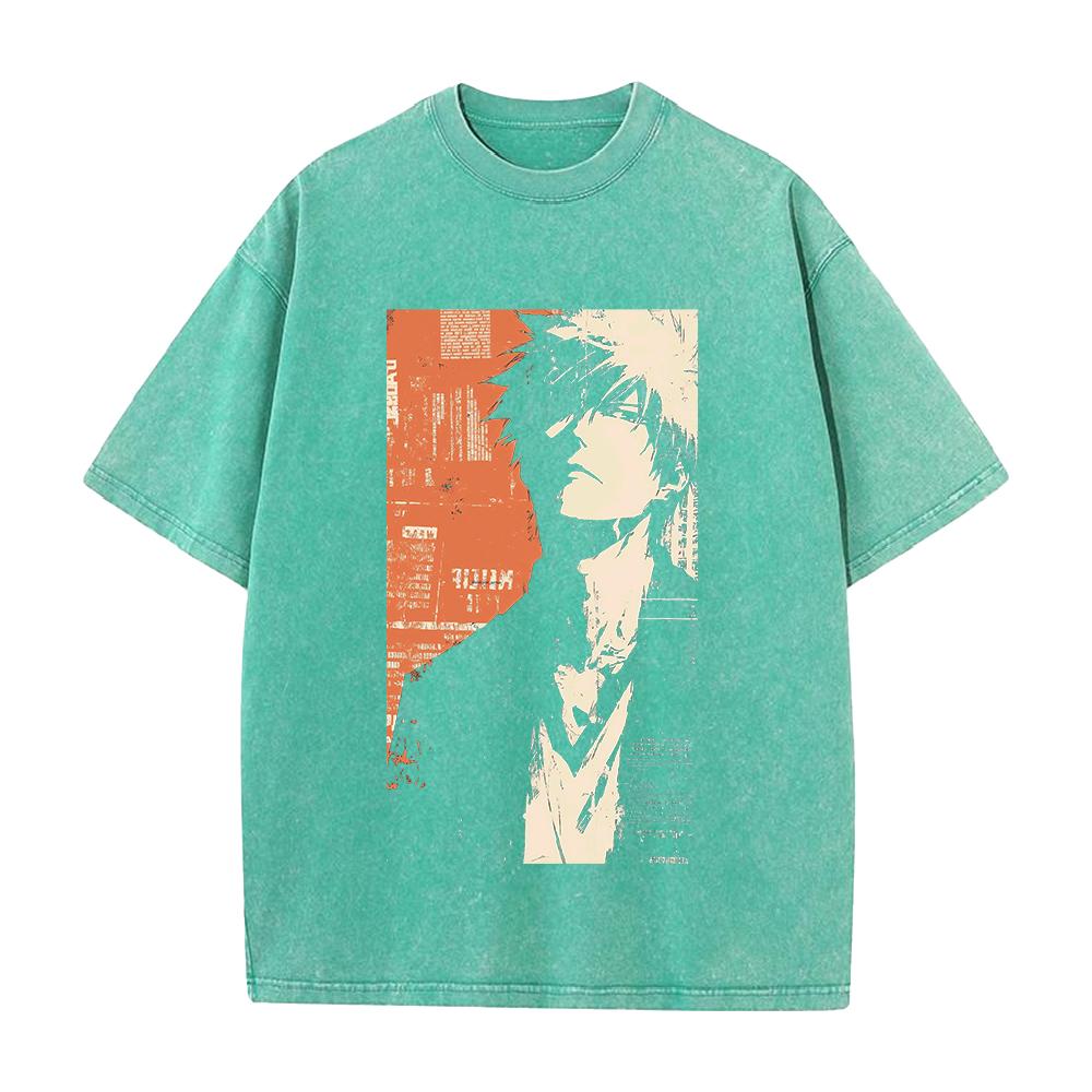 Ichigo Kurosaki BLEACH Anime Outfit Unisex Locker geschnitten Kurzarm Gewaschenes Vintage Baumwoll-T-Shirt