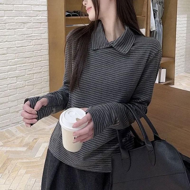 Basic Korean Turn-down Collar T-shirts Autumn Fashion Button Female Clothing Stand Collar Striped Casual Long Sleeve Pullovers
