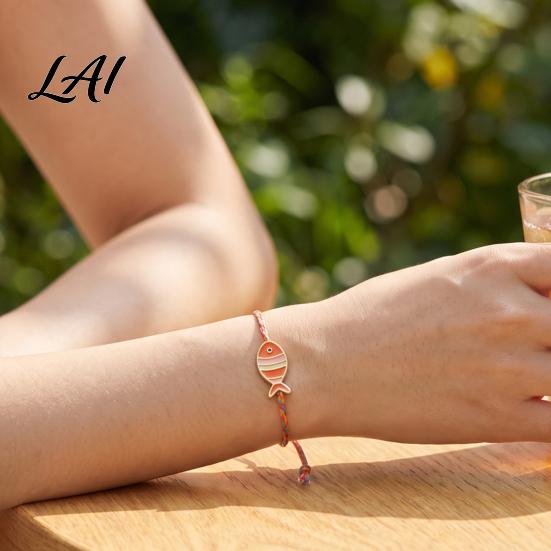 Colorful Striped Rope Bracelet Small Fish Handmade Braided Bracelet Boho Cute Woven Summer Beach Wrist Accessories String Adjustable Wristband