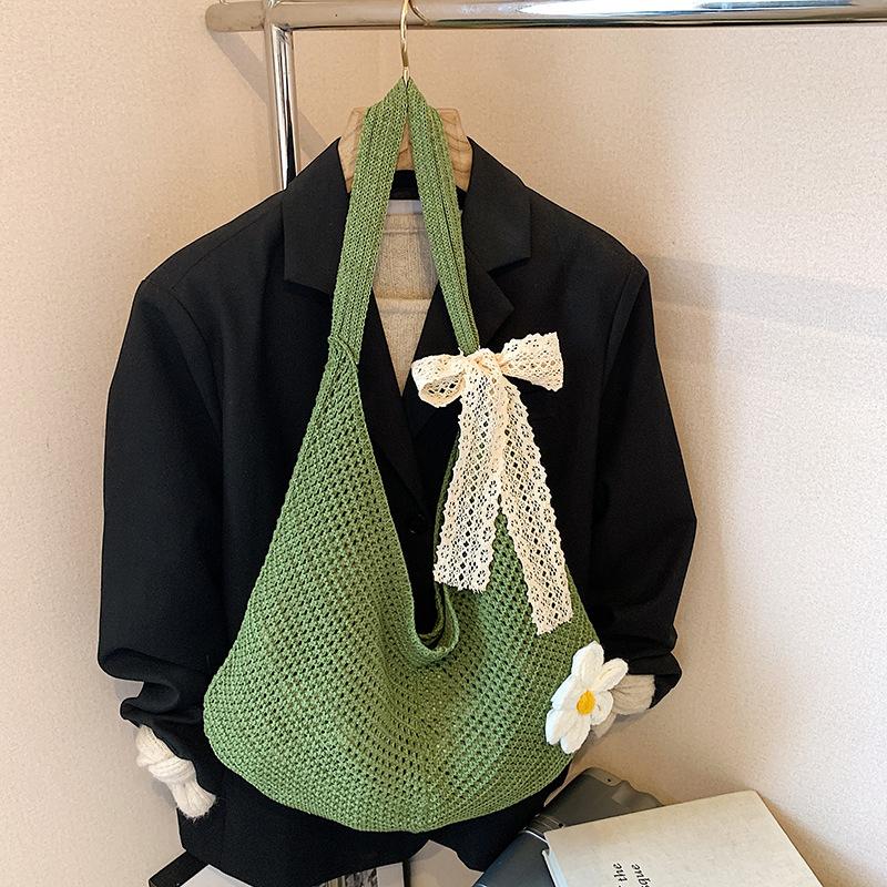 Simple Handmade Knit Shoulder Bag Bohemian Solid Color Crochet Tote Bag Large Capacity Hollow Out Woven Handbag Vacation