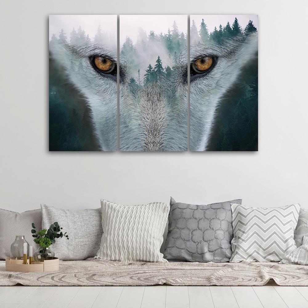 Three Piece Picture Canvas Print Wolf Forest Fog Nature Trees