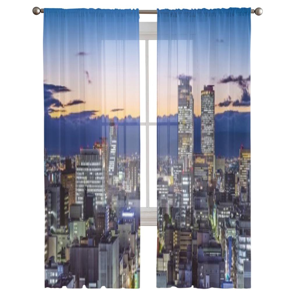 Nagoya Japan Cityscape At Twilight Chiffon Sheer Curtains for Living Room Bedroom Kitchen Decoration Window Voiles Tulle Curtain