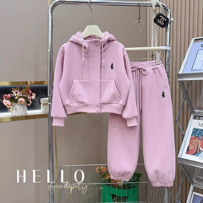 Souprava s kapucí a kalhotami v korejském stylu pro starší děti - moderní jednobarevná, podzim/zima