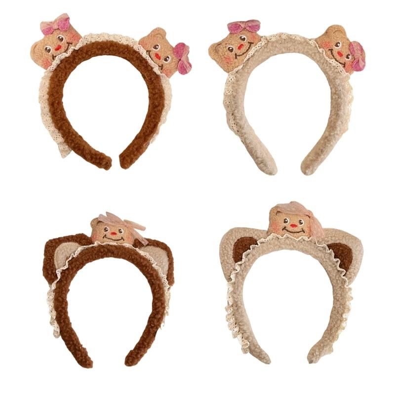 Lace Plush Bear Hairhoop for Adult Children Theme Party Props Cartoon Bear Headband for Women Face Washing Kids Birthday