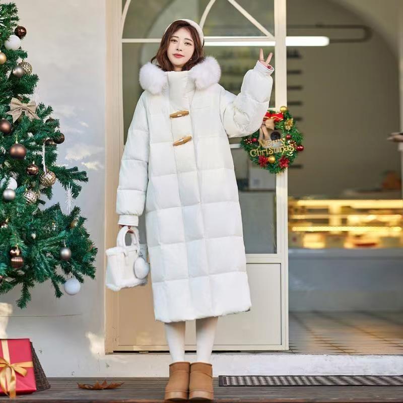 

Winter new small down jacket women s medium and long over-knee fox big fur collar fashionable thickened coat S белый