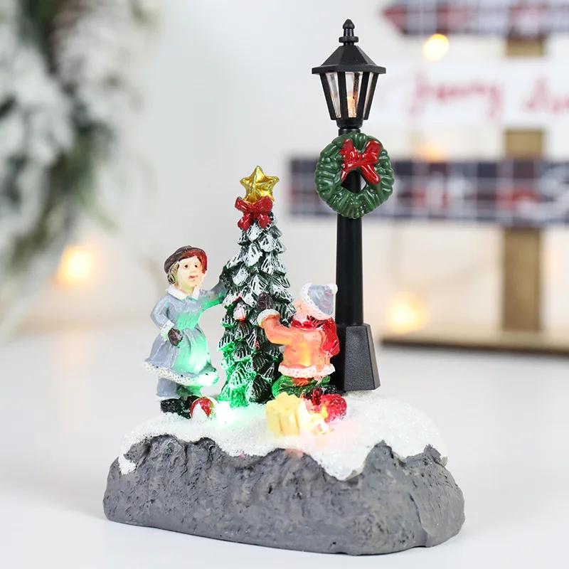 LED Resin Statue Christmas Tree Decoration Micro Landscape Resin Statue Decoration Santa Claus Pine Needle Snow Holiday Gift