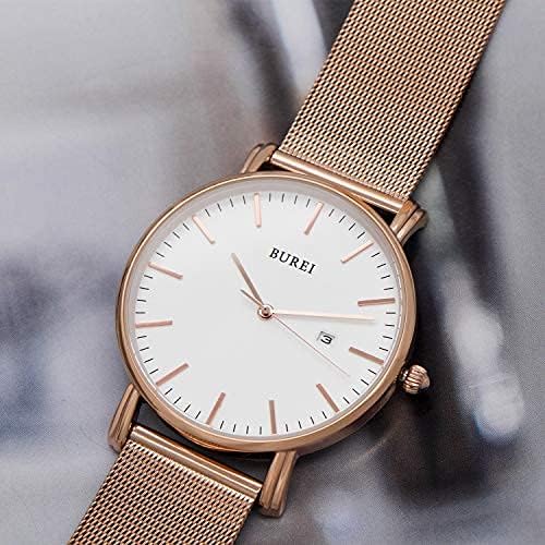 BUREI Men's Watch, Simple, Waterproof, Analog, Business, Milanese Style, Mesh Strap, Stylish, Popular, Date Display, Rose Gold, Brand Name, Imported