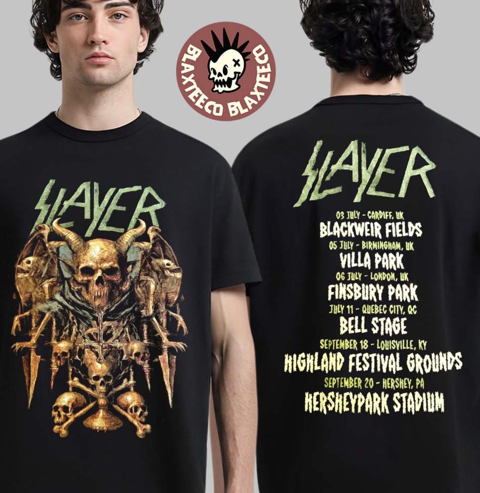 Slayer Farewell Tour 2025 Merch Skull Throne Art With Tour Dates Two Sided Shirt Unisex T-Shirt XXXL