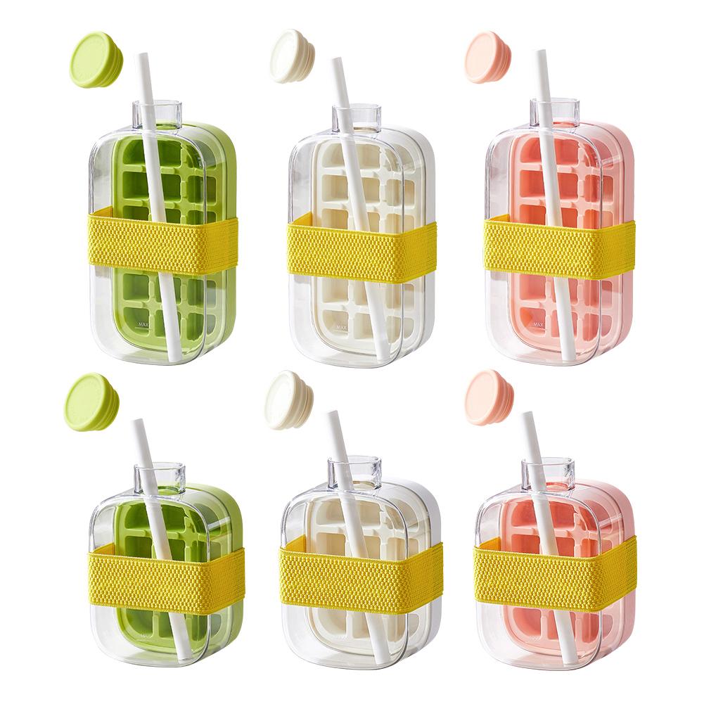 Ice Cube Bottle with Straw 2-in-1 Water Bottle with Strap Ice Cube Mold Portable Press Ice Tray Bottle for Outdoor Travel