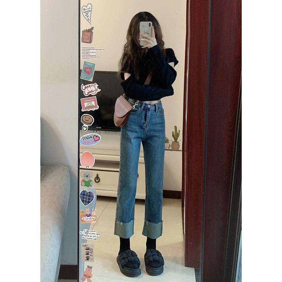 

Petite Vintage Frayed Hem High-Waist Straight Leg Jeans XS - Slimming Cropped Fit, Stretchy, Autumn Style for Women XXS (65-77 Jin)