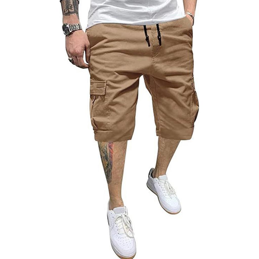 Men Multi Pocket Cotton Cargo Shorts Loose Fit Drawstring Waist Casual Outdoor Pants