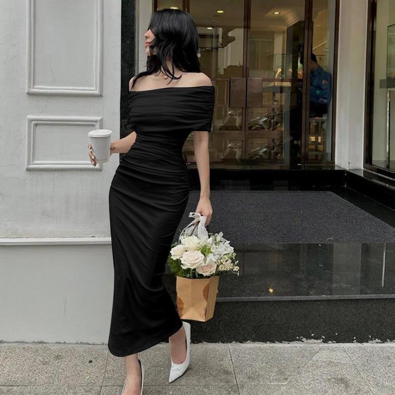 Women s Off Shoulder Ruched Bodycon Midi Dress Elegant Sleeveless Cocktail Party Dress S чёрный