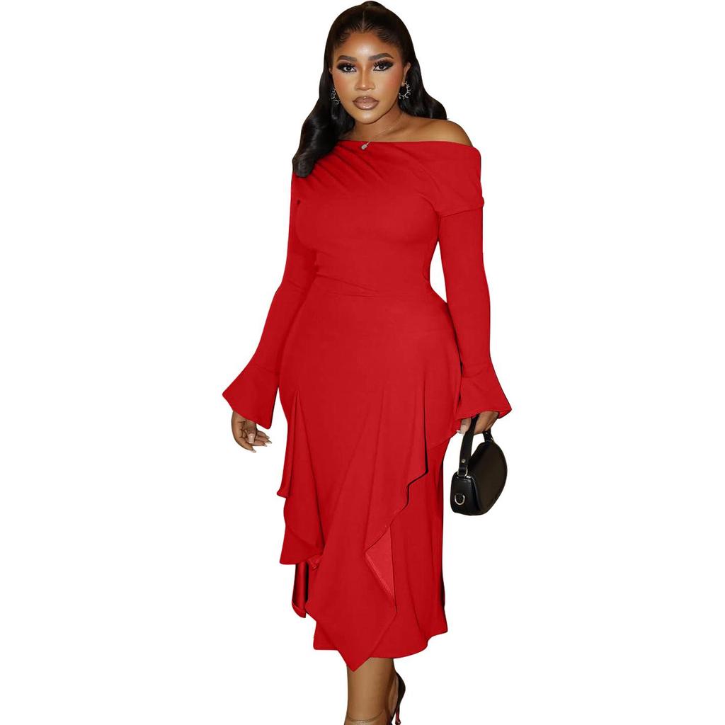 Elegant One-Shoulder Long-Sleeve High-Waisted Dress - 2025 European & African Style