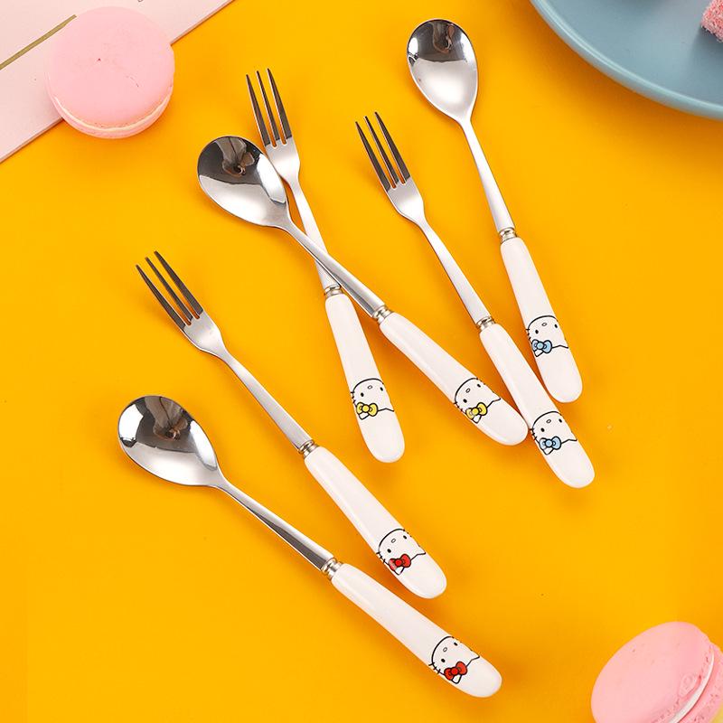 Charming Cartoon Stainless Steel Spoon & Fork Set for Kids - Perfect for Coffee, Rice, Dessert, and Fruit.