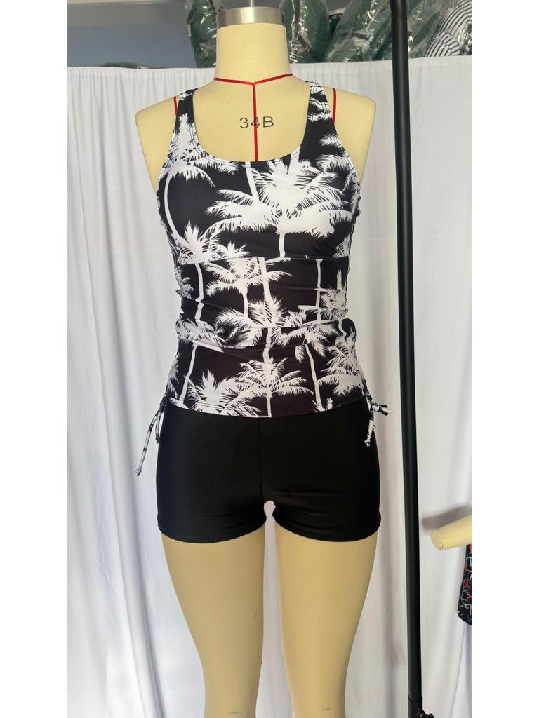 2025 Tankini Feminino Europeu e Americano com Estampa de Coco e Parte de Baixo Boyleg