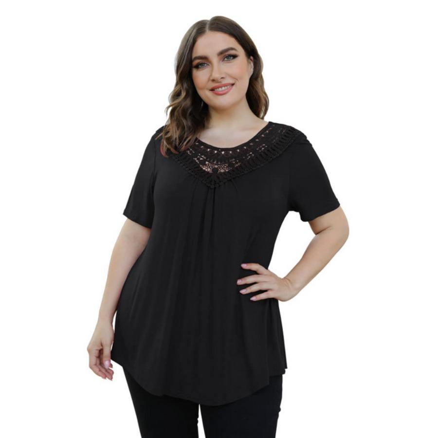 Short Sleeve Lace Hallow Out Patchwork Pleated A Line Casual T Shirt for Summer Women Plus Size Top