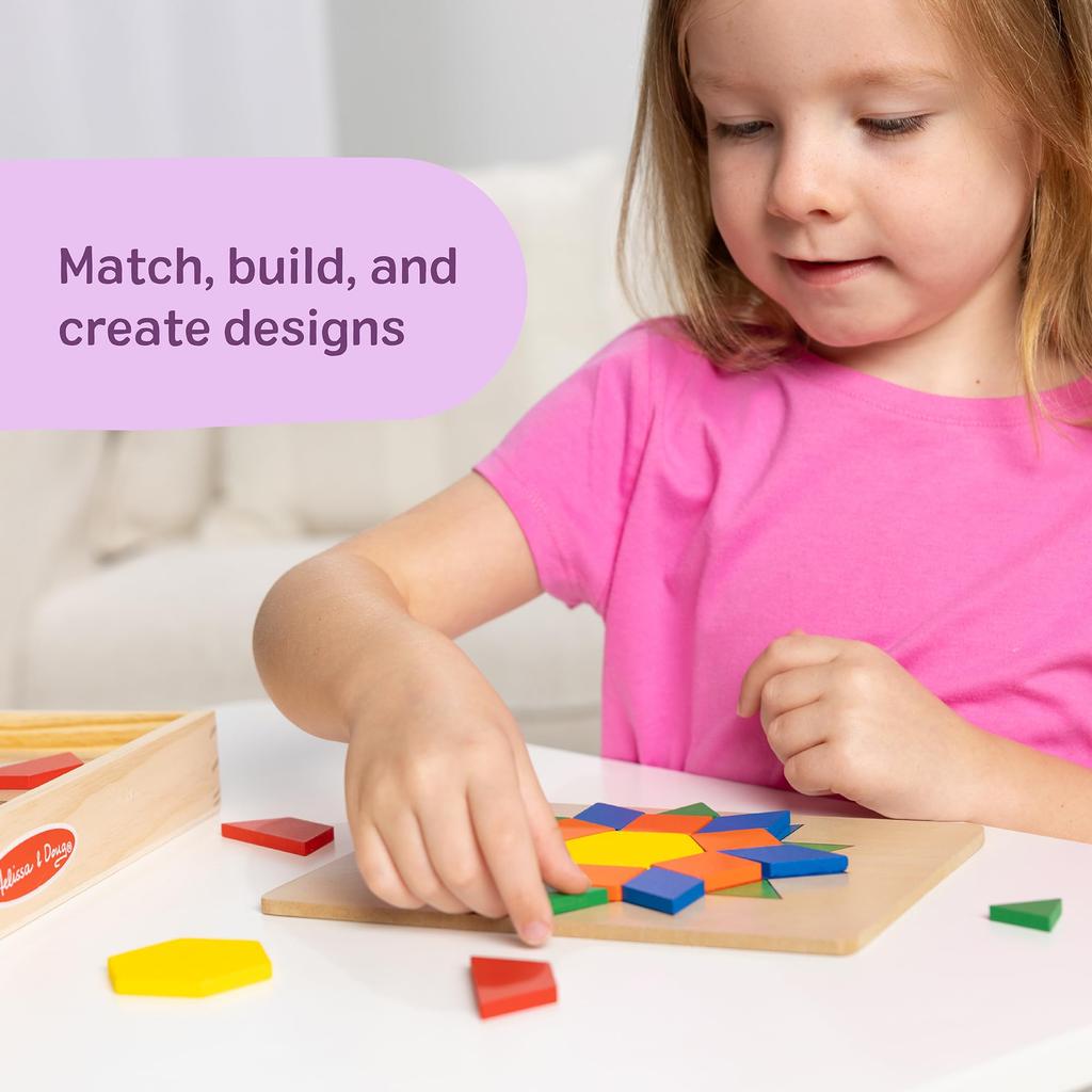 Melissa & Doug Wooden Toy Pattern Blocks with Board, 125 Pieces, Authentic, 29