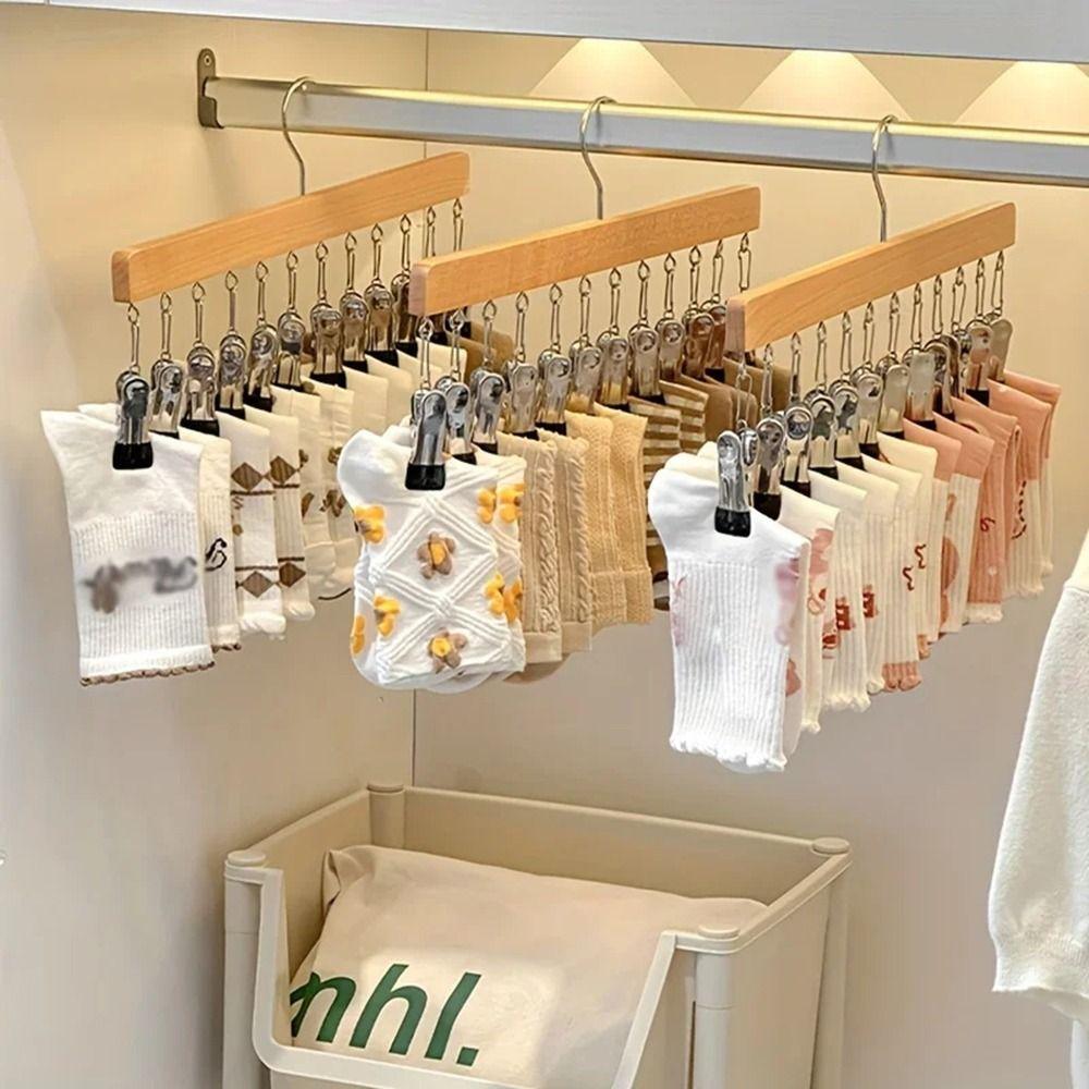 10/12 Clips Wood Hanger 360°Rotation Storage Rack Rotatable Clothes Hanging Hook Socks Hanging