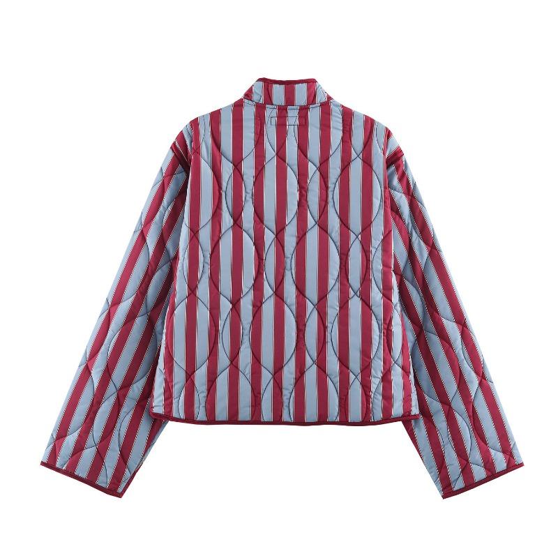 Women Long Sleeve Striped Cotton Padded Jacket With Knot Button
