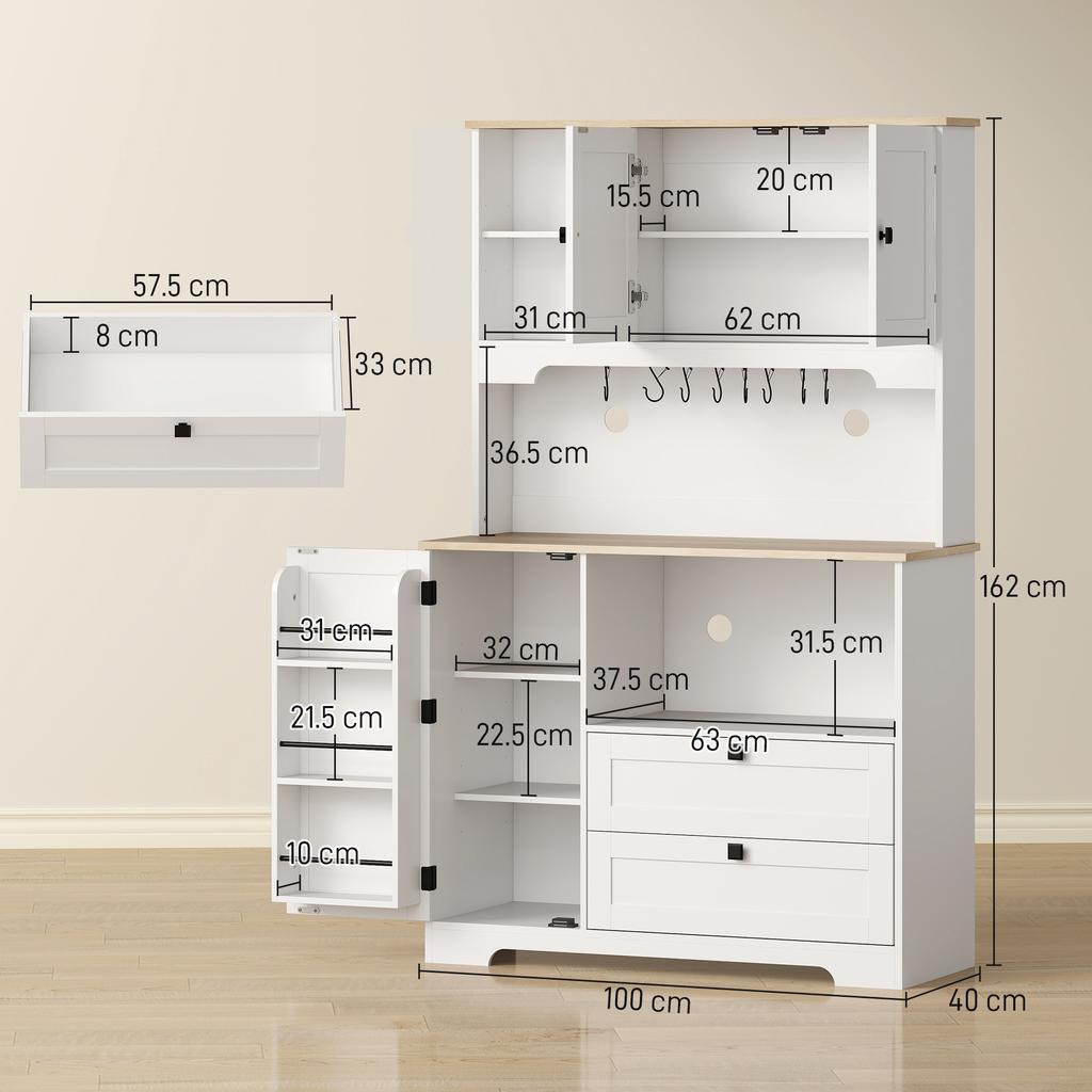 Kitchen Cupboard, Freestanding Kitchen Cabinet with 2 Cabinets, 2 Drawers, Open and Adjustable Shelves, White