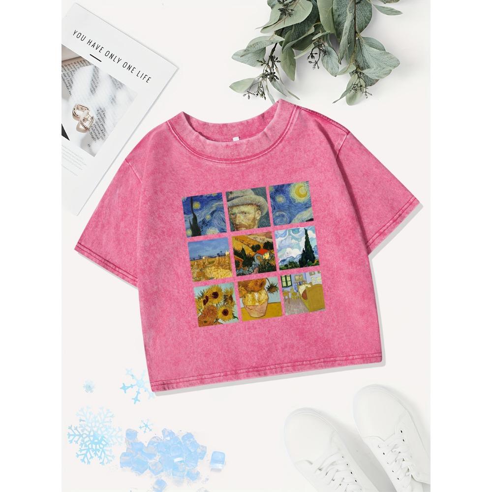 Sexy Cotton Crop Tops Women Van Gogh'S Starry Night Sunflowers Prints Washed T-Shirt Fit Tees Summer Clothes