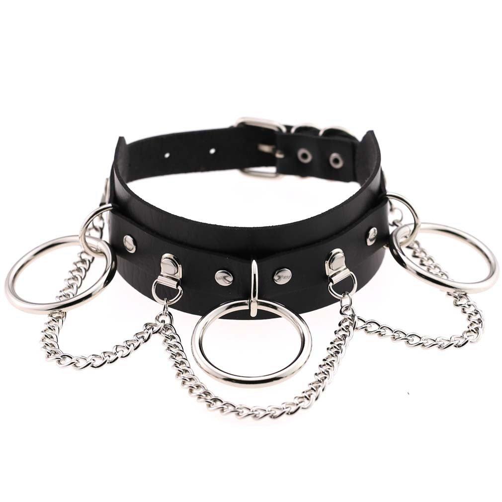 

Choker for Leather Genuine Chain Stainless Accessory [Rockyu] Women, Collar, Ring, Chain, Black, Leather, Choker, Necklace, Steel, Hypoallergenic, чорний