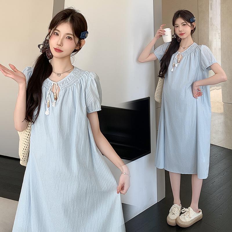 2026 Striped Academy Style Mid-Length Maternity Shirt Dress L синий