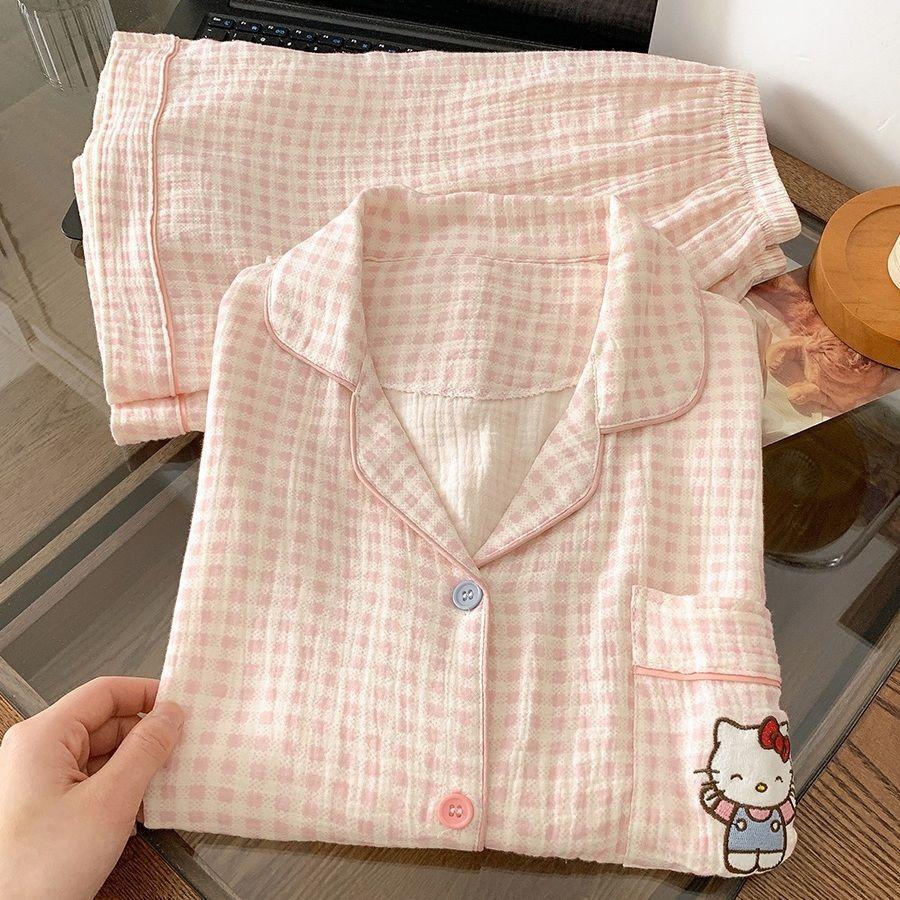 

Pink plaid pocket Hello Kitty pajamas women s summer short-sleeved shorts ins set soft and cute can be worn outside loungewear S
