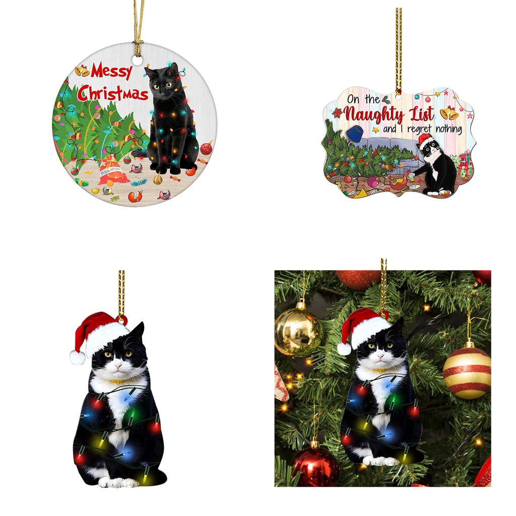 Christmas Tree Pendant Decor Acrylic Black Cat Ornament Festive Decoration for Wall Window Door Unique New Year Present