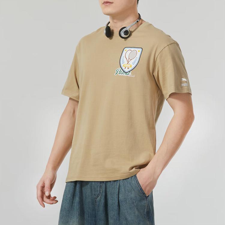 Puma Letter Logo Print Loose Round Neck Short Sleeve T-Shirt Unisex Tops Brown 625805-83