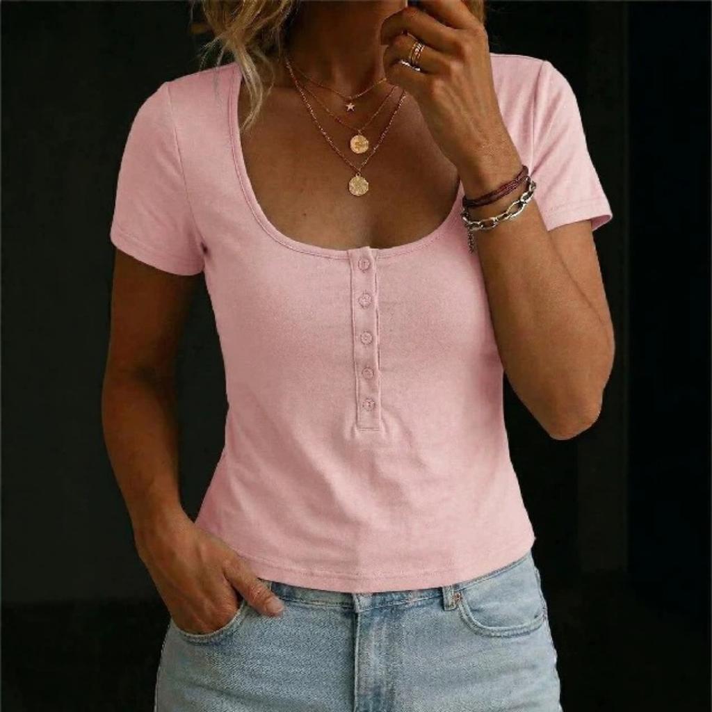 Summer Women's Solid Crop Top, Buttoned Square Neck Slim Fit Casual T-Shirt, Y2K Streetwear