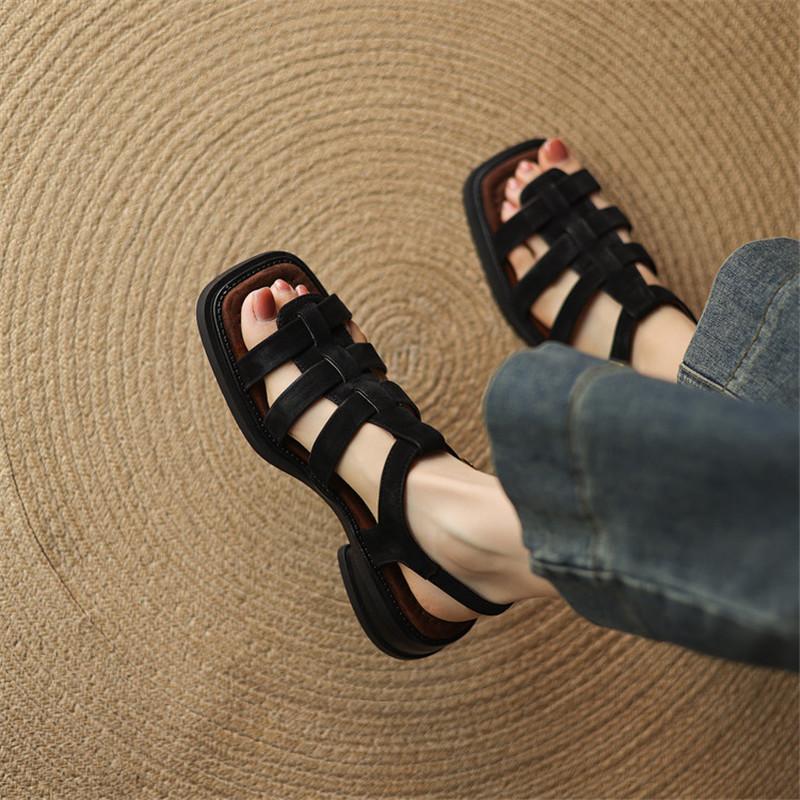 Fashion New Summer Sandals Sheep Leather Women Shoes Square Toe Chunky Heels Sandals for Women Handmade Fashion Roman Sandals Shoes