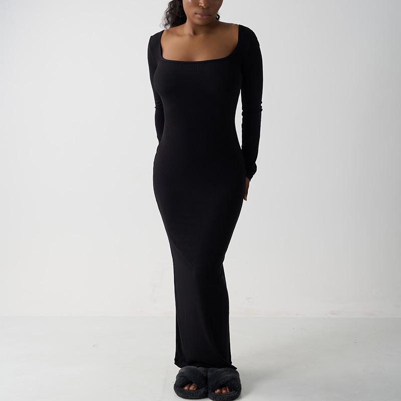 

Осеннее платье бодикон с U-образным вырезом, в рубчик, с длинным рукавом Large чёрный