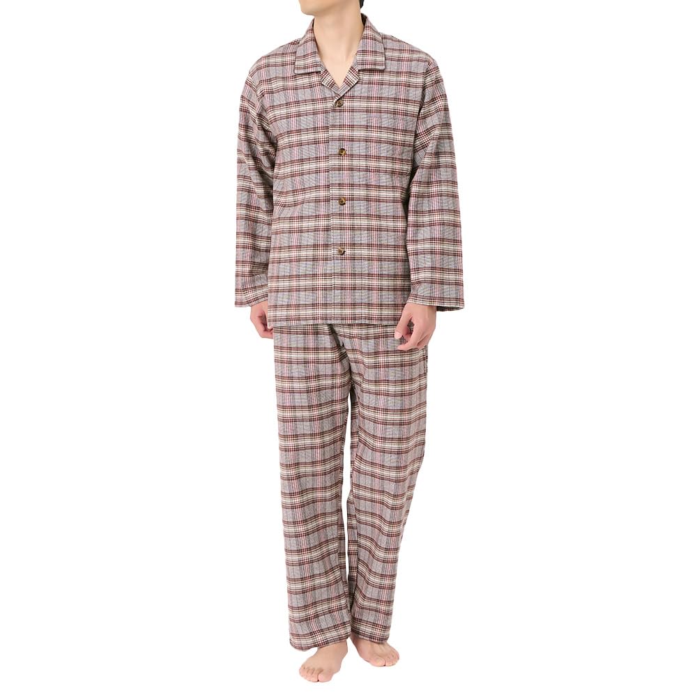 Gunze Brown Made In Long Sleeve and Pants Brushed SF4315 Men's Pajamas, 100% Cotton, Japan, (Front Opening), Flannel, Pre-Dyed Fabric,