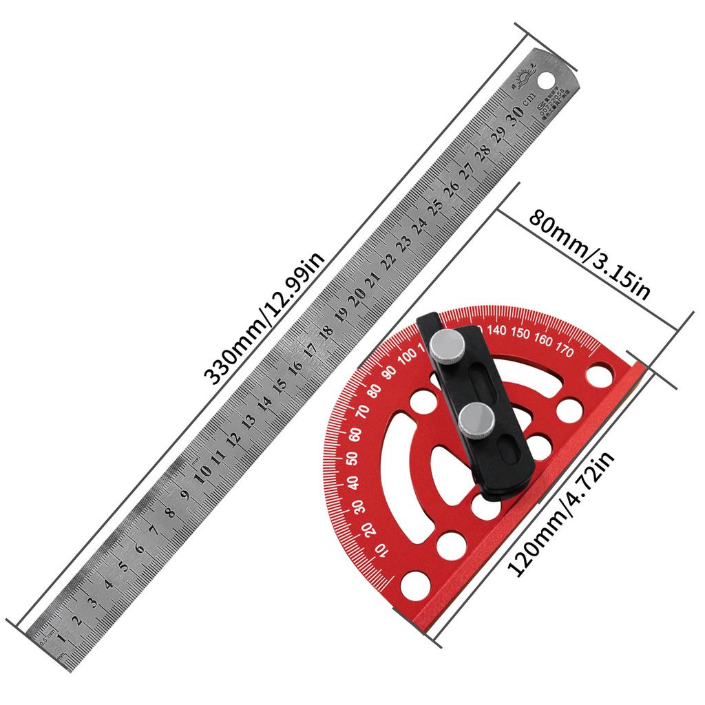 Aluminum Alloy 180° Angle Precision Protractor, Finder for Marking Angle Straight Line Scribe Woodworking Angle Measuring Tools