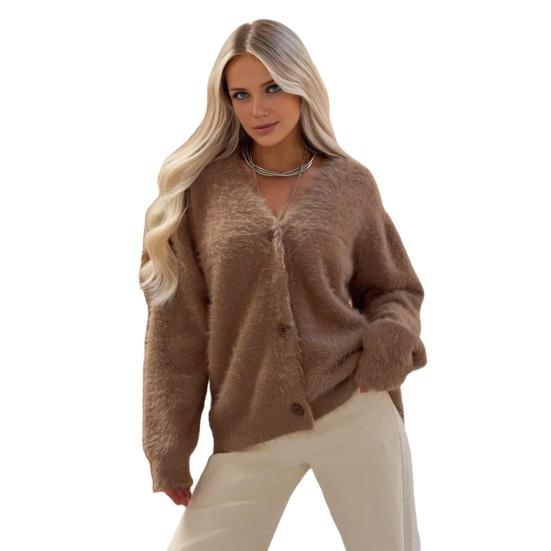 Women Sweater Coat V-Neck Long Sleeve Buttons Placket Knitting Coat Pure Color Elastic Fabric Loose Fit Casual Sweater