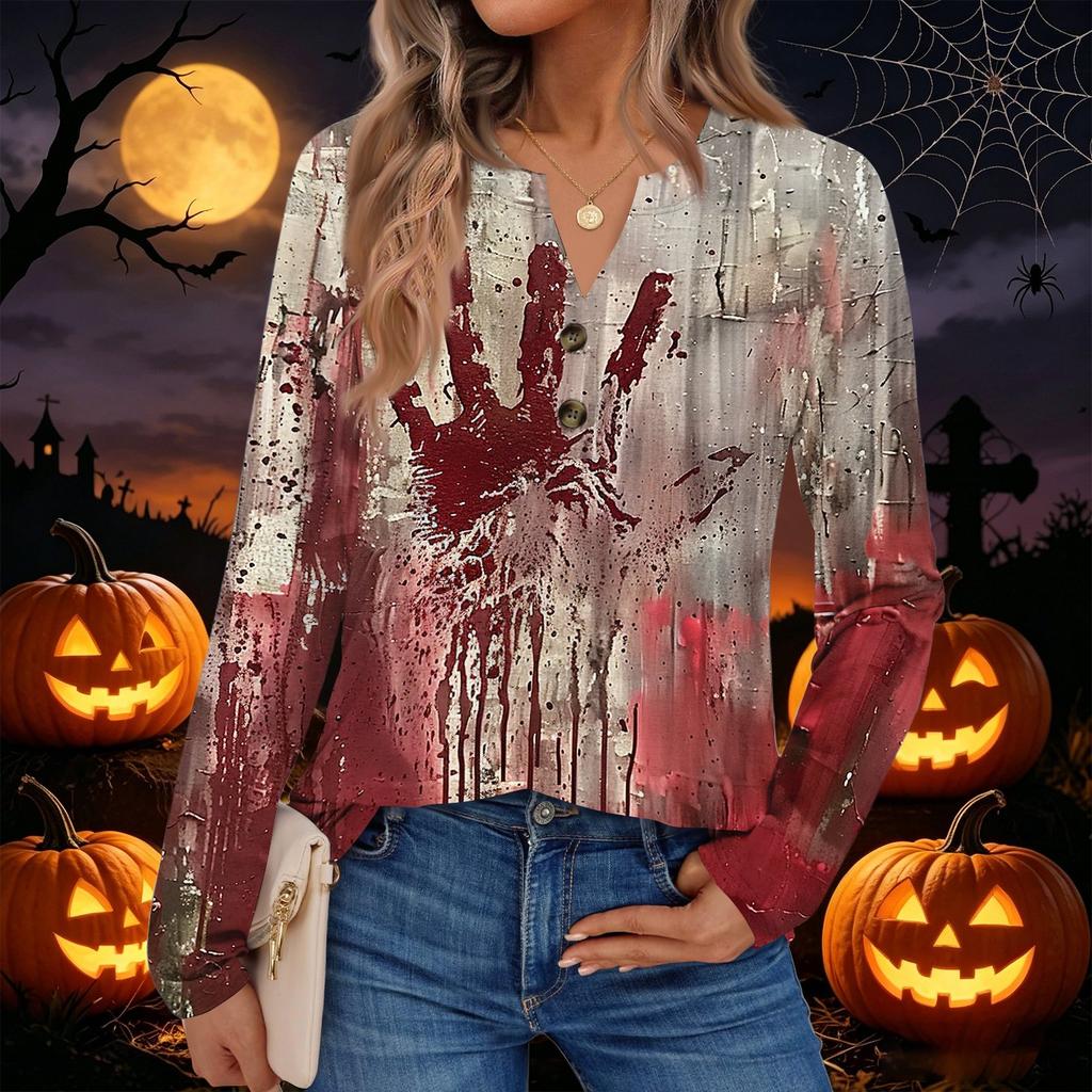 Women's Halloween Print Long Sleeve Shirt Casual Blouse