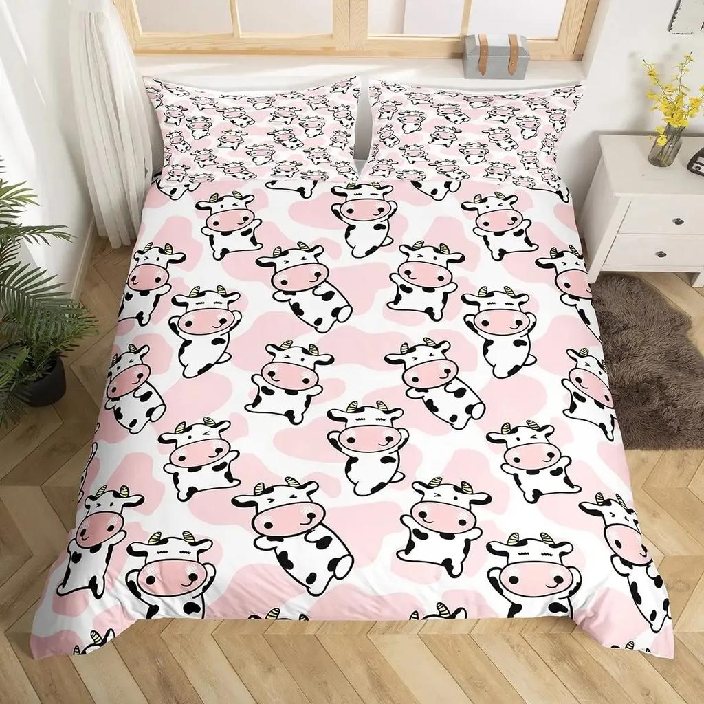 Milk Cow Pattern Bedding Set King Queen Animals Theme Comforter Cover Chocolate Brown Duvet Cover Cute Kawaii Cattle Quilt Cover