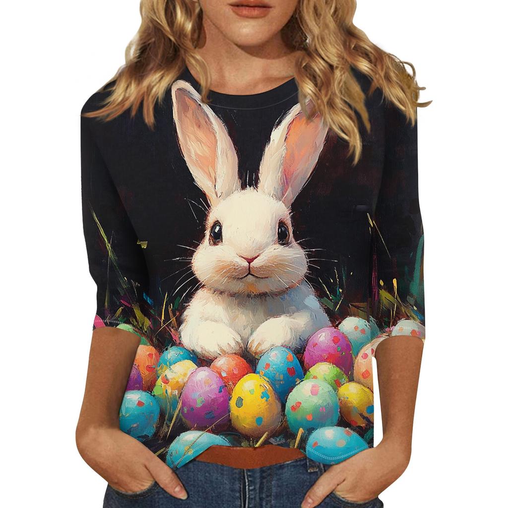 Women's Fashion Loose Casual Seven Sleeve Printed Round Neck Top