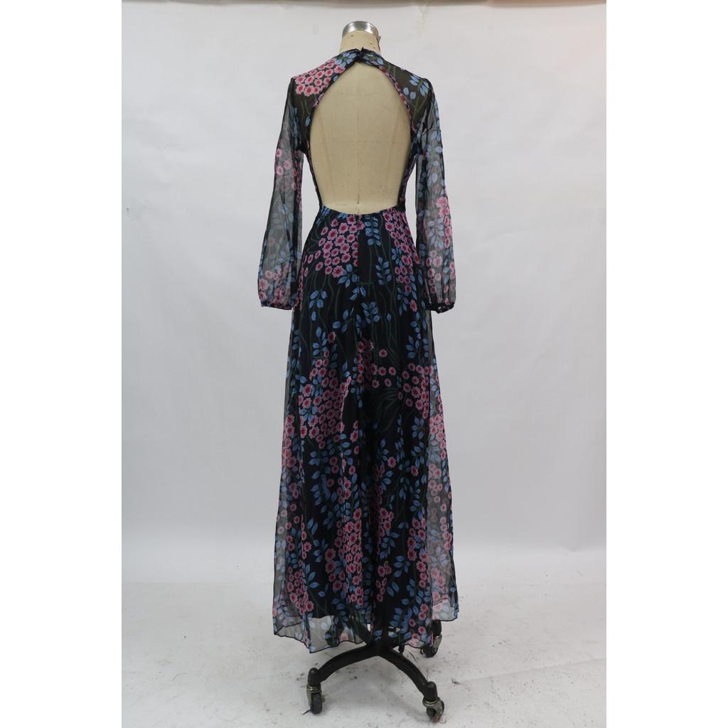 Women Elegant O Neck Backless Flowers Floral Print Long Sleeves Bridal Maxi Long Dress Host Wedding Bride Bridesmaids Party Gowns