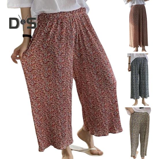 Dámské kalhoty Elastické kalhoty s vysokým pasem a širokými nohavicemi s květinovým potiskem s řaseným nařaseným dlouhým kalhotám do domácího salonku