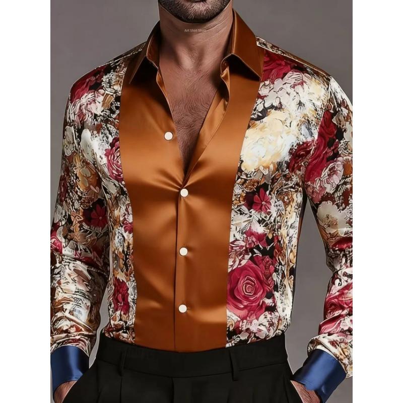 Men's Fashion New Design Printed Rose Men's Printed Rose Satin Shirt Long Sleeve Retro Holiday Wear Collar Button Shirt