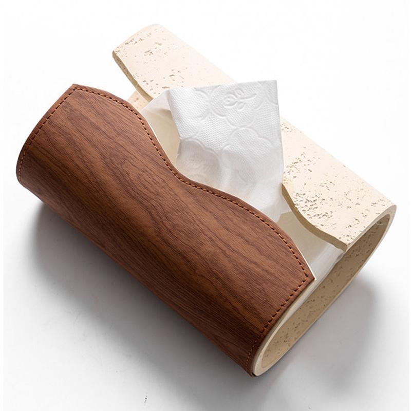 Cave Stone Tissue Box Advanced Sense Living Room Luxury Walnut Leather Paper Box Creative Paper Box Home Decoration